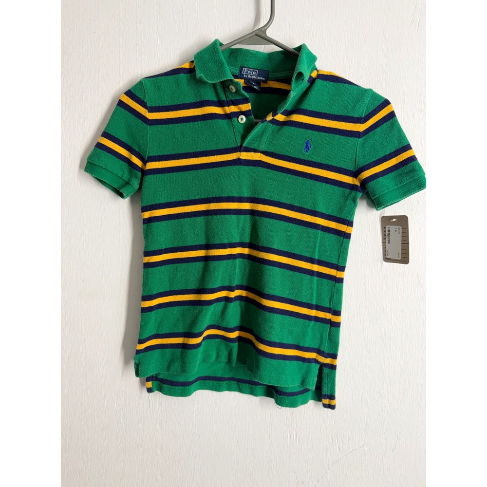 Polo Ralph Lauren Kids Size 7 Green Striped Short Sleeve Polo Shirt Blue Pony